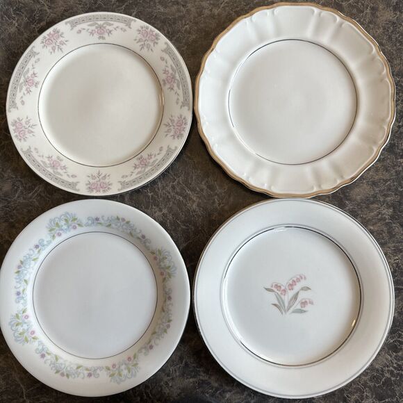 4 Mismatched Vtg Salad Cake‎ Dessert Plates Pink Florals & Solids Cottage Core - Picture 1 of 10